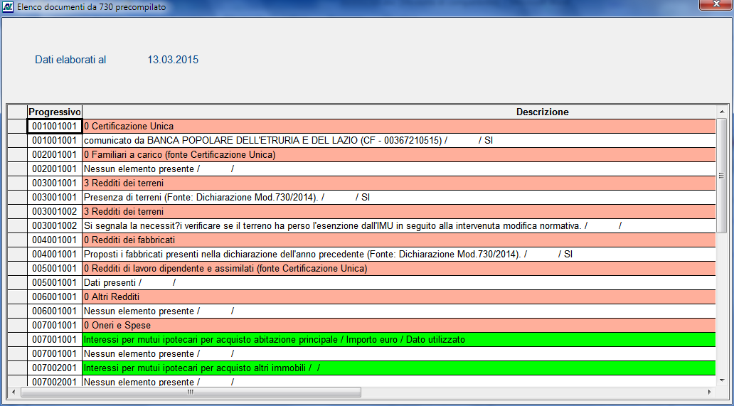 Dichiarazione redditi 730 Release 15.10 - i dati del quadro degli Oneri sono ulteriormente suddivisi in base alla tipologia dell onere (evidenziata in verde, ad es.