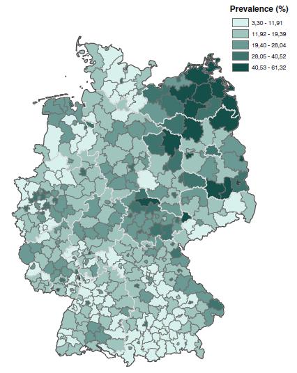 Prevalenza (%) di prescrizione degli antibiotici nei distretti sanitari della Germania età genere