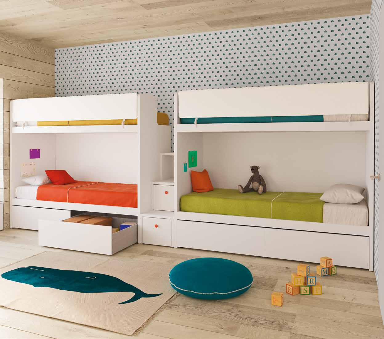 castello Gino Maxi, scaletta con vani a giorno, protezione Paddy bianco 01, pomodoro 58, Amok T406 Maxi Gino bunk bed, steps with open shelving, Paddy guard bianco 01, pomodoro 58, Amok T406 castello