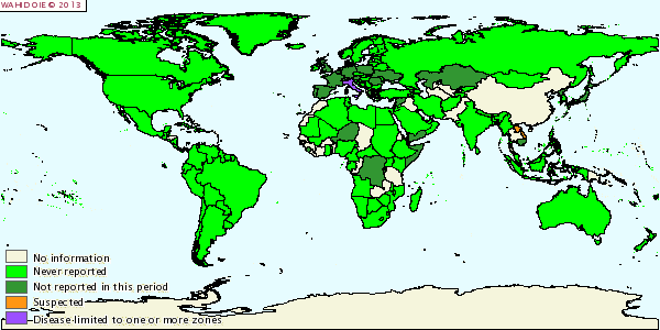 12 MALATTIA VESCICOLARE DEL SUINO Figura 14: Situazione epidemiologica per MVS nel mondo da