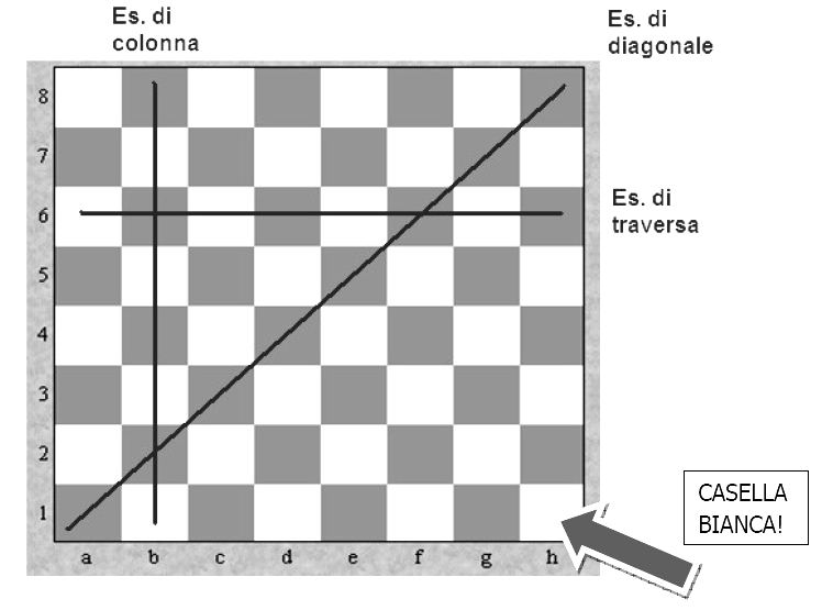 Disposizione della scacchiera La prima cosa da conoscere è come si posiziona la scacchiera rispetto ai giocatori. Ogni giocatore avrà una casella bianca alla sua destra.