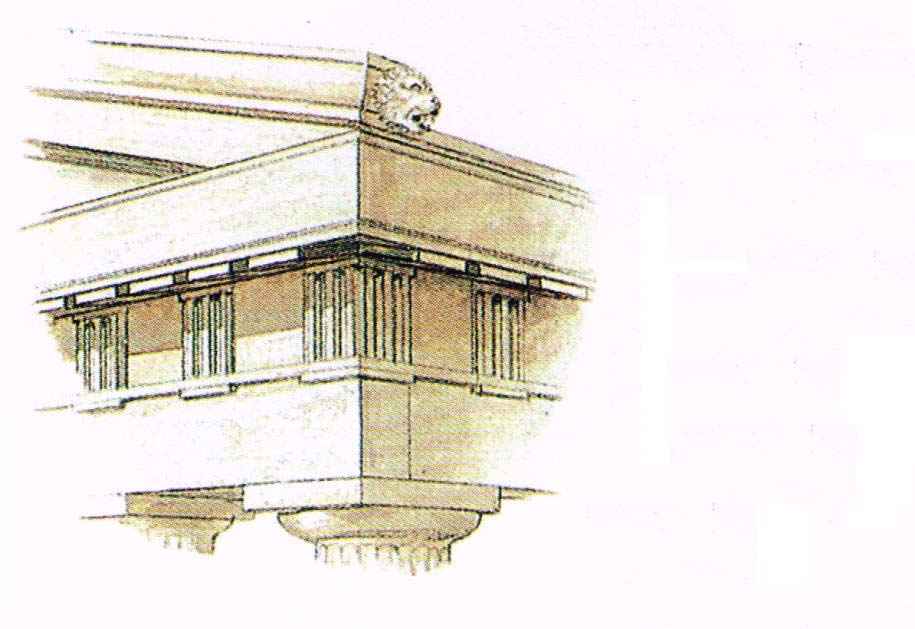In alto: ipotesi ricostruttiva della primitiva struttura in legno del tempio e