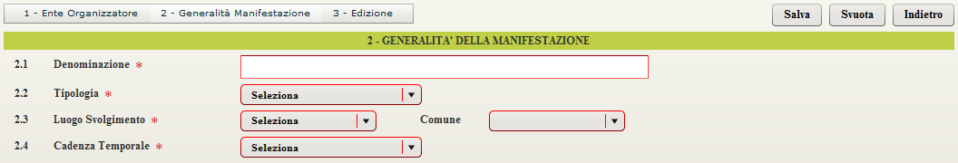 Inseriti correttamente tutti i dati (o almeno quelli obbligatori) l utente può procedere al salvataggio della manifestazione in stato Bozza cliccando il bottone.