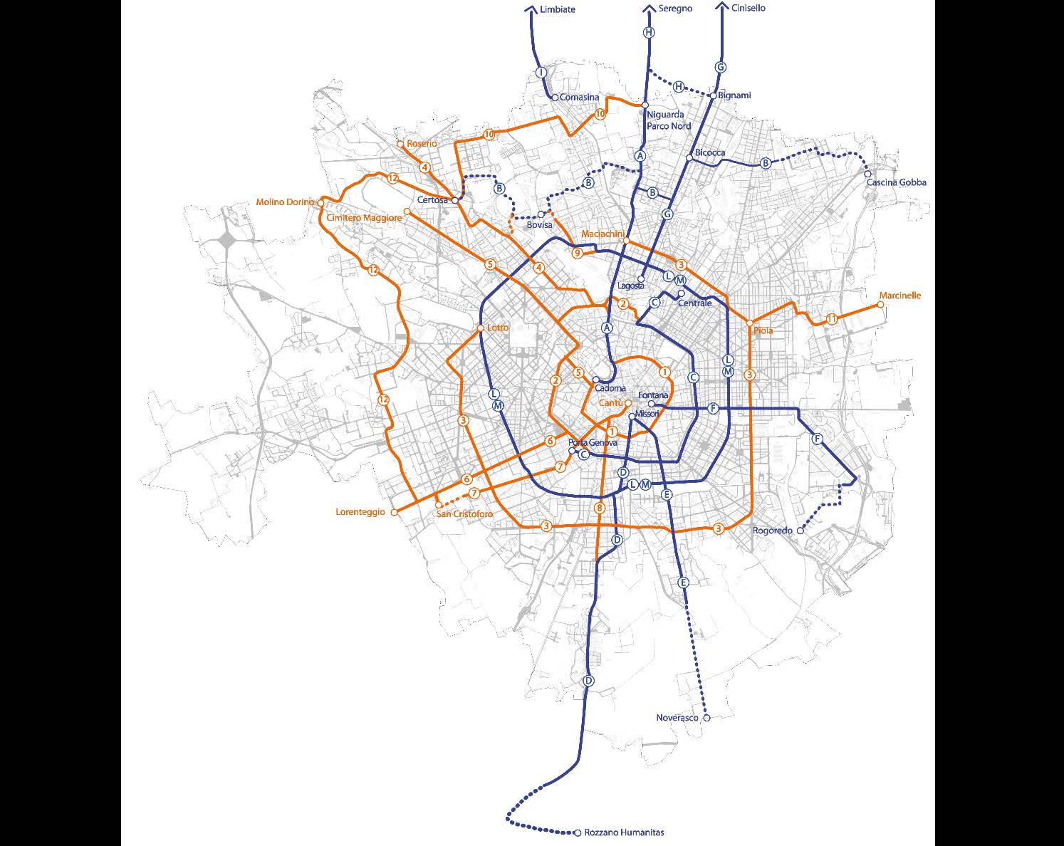 14 Estensione e potenziamento della rete di forza di superficie Linea A Bresso Cadorna Linea B Certosa FS Gobba Linea C Stazione Centrale Porta Genova Linea D Missori Rozzano Humanitas Linea E