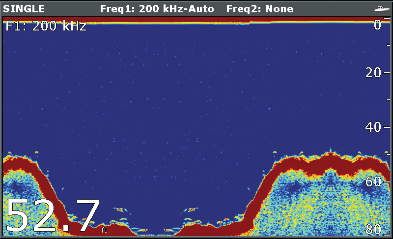 6.1 La schermata fishfinder Il fishfinder visualizza un immagine in scorrimento del fondale da destra a sinistra. Le immagini poste sulla destra sono gli echi più recenti. 6.