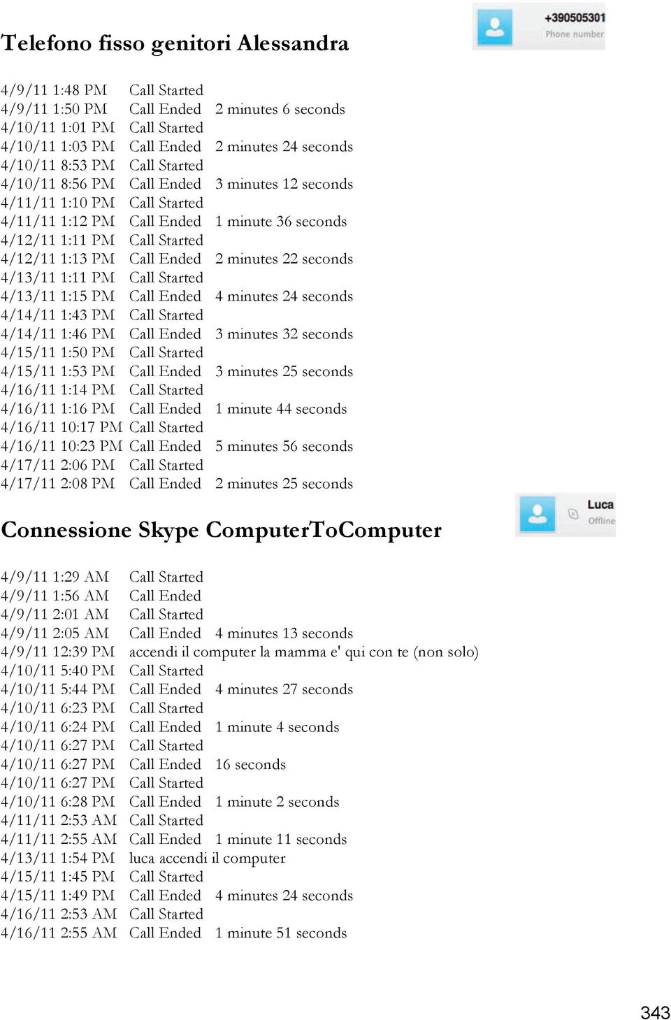 minutes 22 seconds 4/13/11 1:11 PM Call Started 4/13/11 1:15 PM Call Ended 4 minutes 24 seconds 4/14/11 1:43 PM Call Started 4/14/11 1:46 PM Call Ended 3 minutes 32 seconds 4/15/11 1:50 PM Call