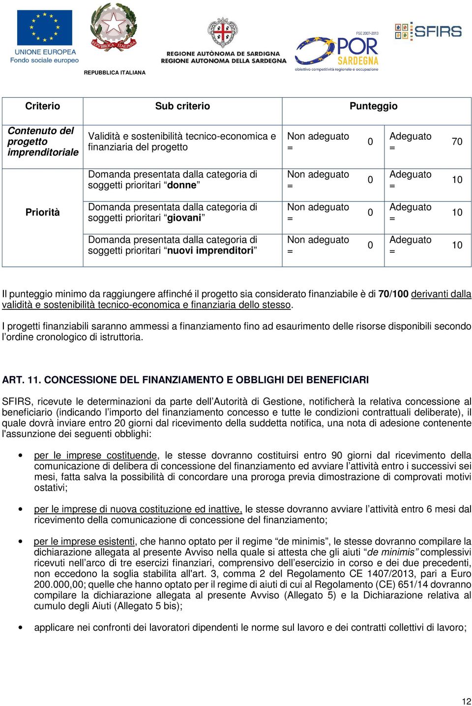 dalla categoria di soggetti prioritari nuovi imprenditori Non adeguato = 0 Adeguato = 10 Il punteggio minimo da raggiungere affinché il progetto sia considerato finanziabile è di 70/100 derivanti