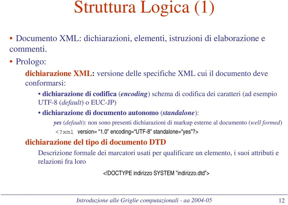 (default) o EUC-JP) dichiarazione di documento autonomo (standalone): yes (default): non sono presenti dichiarazioni di markup esterne al documento (well formed) <?xml version= 1.