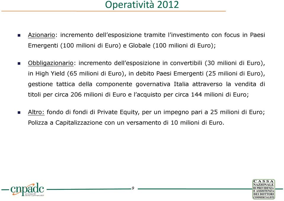 milioni di Euro), gestione tattica della componente governativa Italia attraverso la vendita di titoli per circa 206 milioni di Euro e l acquisto per circa 144