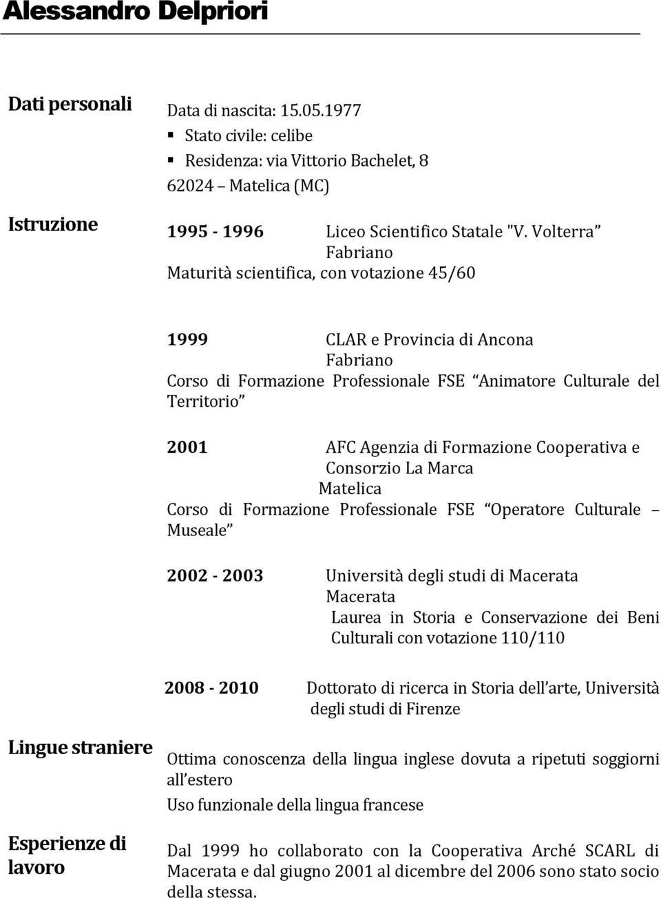 Formazione Cooperativa e Consorzio La Marca Matelica Corso di Formazione Professionale FSE Operatore Culturale Museale 2002-2003 Università degli studi di Macerata Macerata Laurea in Storia e