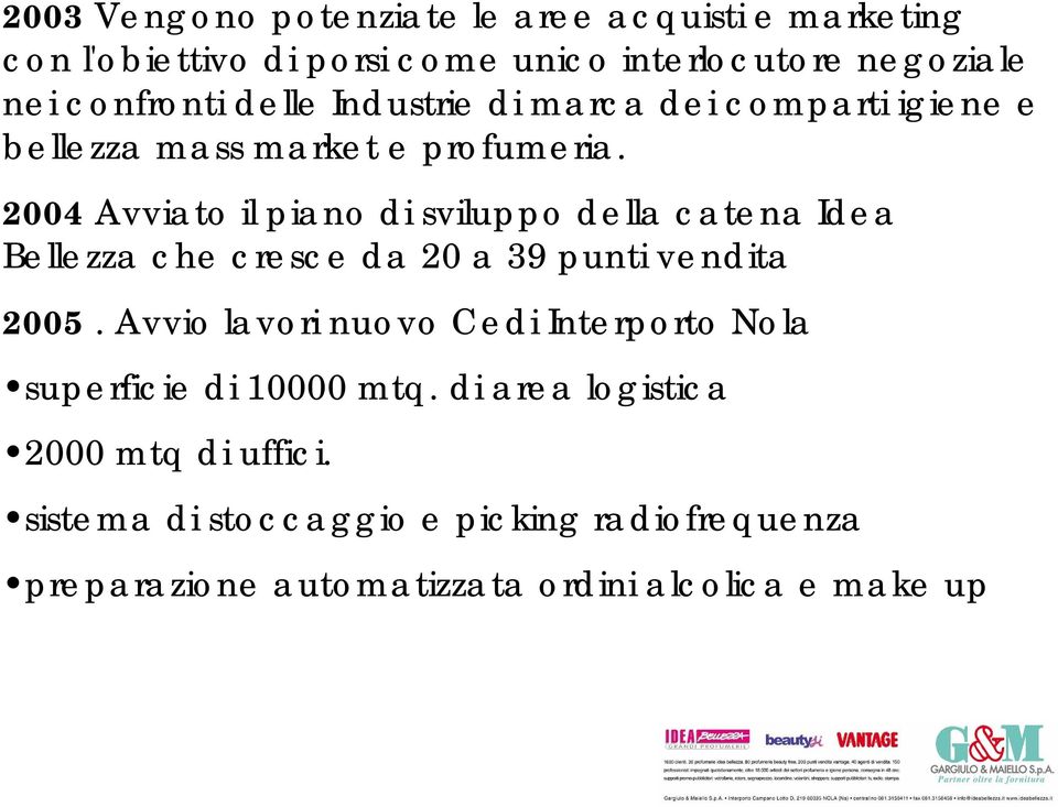 2004 Avviato il piano di sviluppo della catena Idea Bellezza che cresce da 20 a 39 punti vendita 2005.