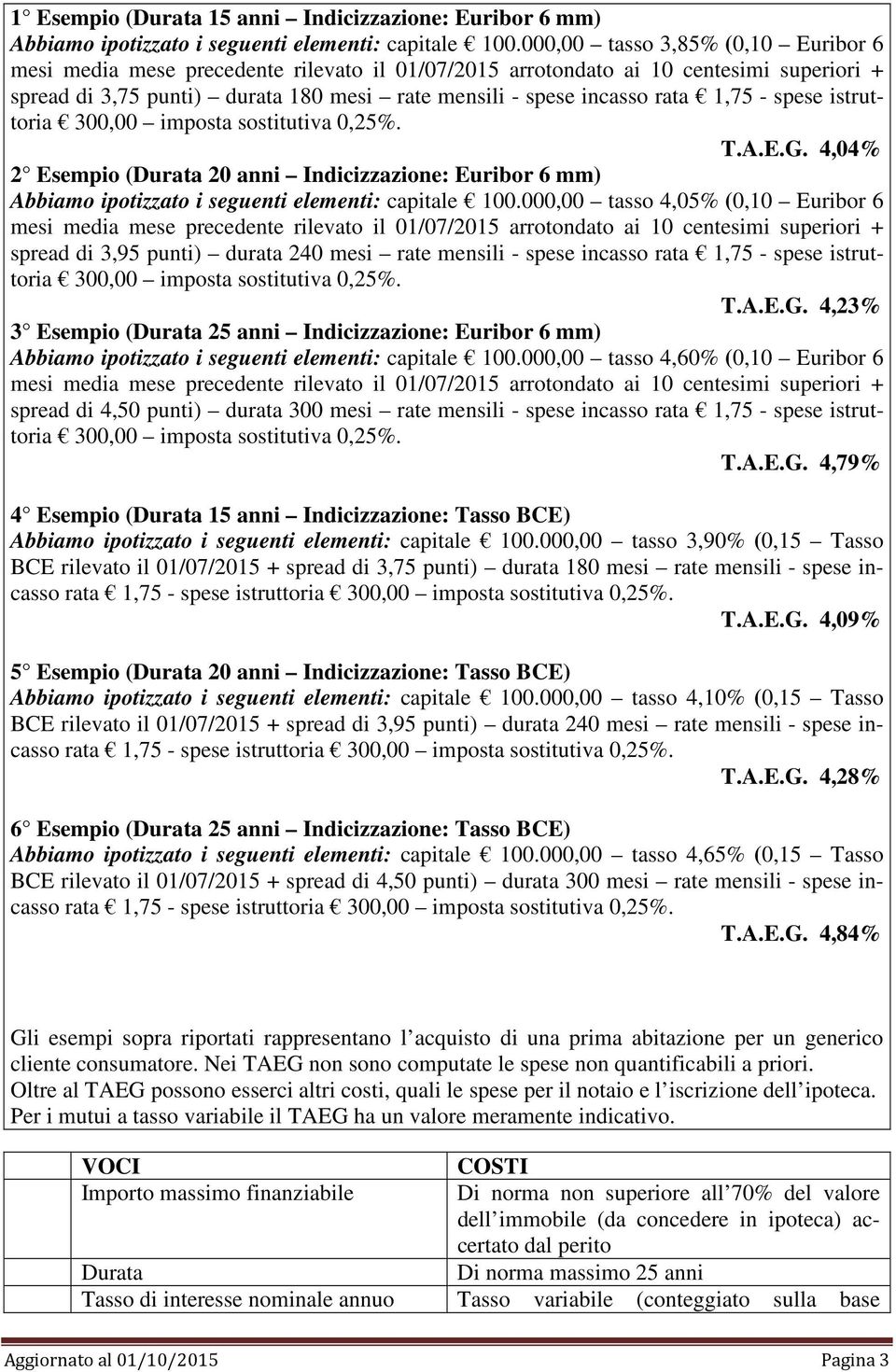 1,75 - spese istruttoria 300,00 imposta sostitutiva 0,25%. T.A.E.G. 4,04% 2 Esempio (Durata 20 anni Indicizzazione: Euribor 6 mm) Abbiamo ipotizzato i seguenti elementi: capitale 100.