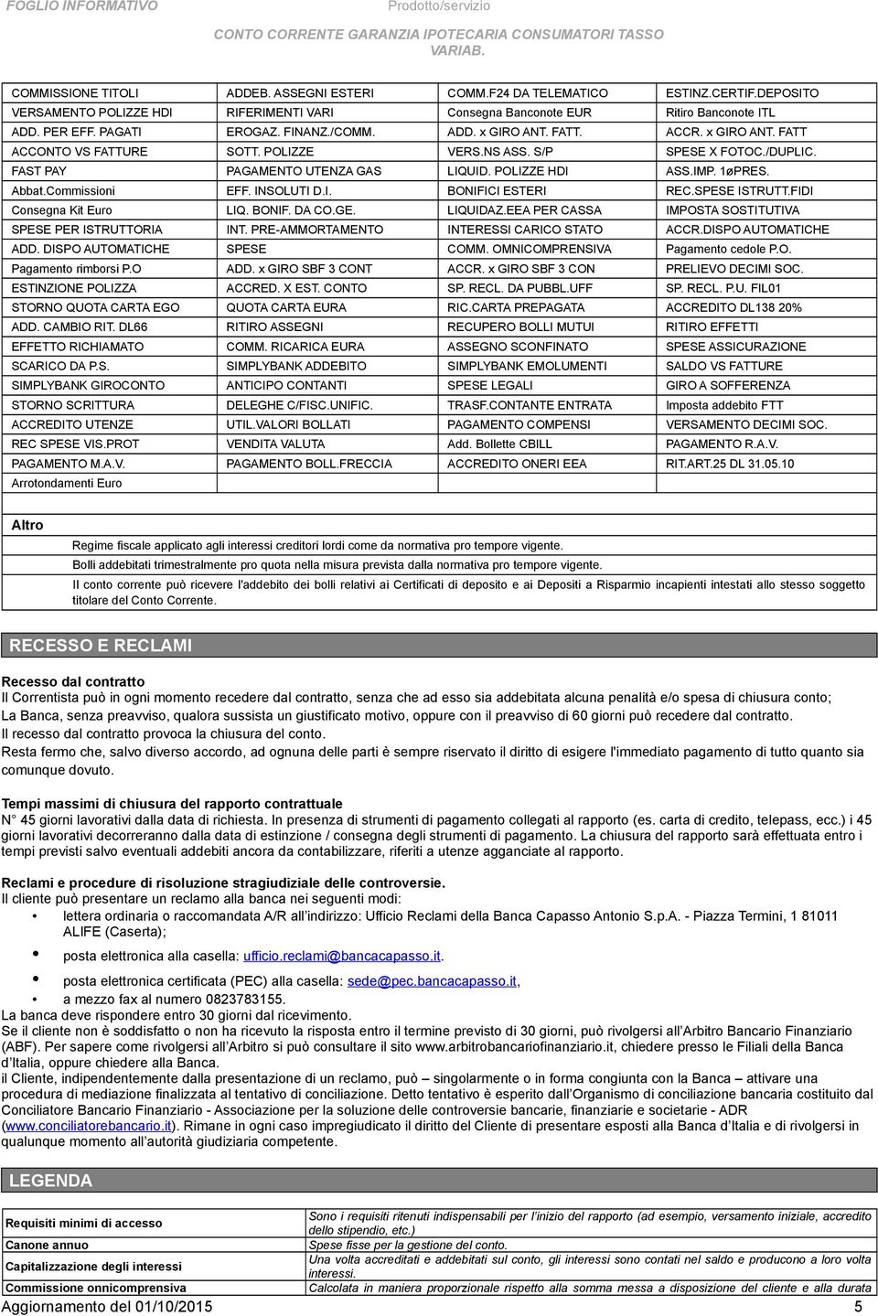 Abbat.Commissioni EFF. INSOLUTI D.I. BONIFICI ESTERI REC.SPESE ISTRUTT.FIDI Consegna Kit Euro LIQ. BONIF. DA CO.GE. LIQUIDAZ.EEA PER CASSA IMPOSTA SOSTITUTIVA SPESE PER ISTRUTTORIA INT.