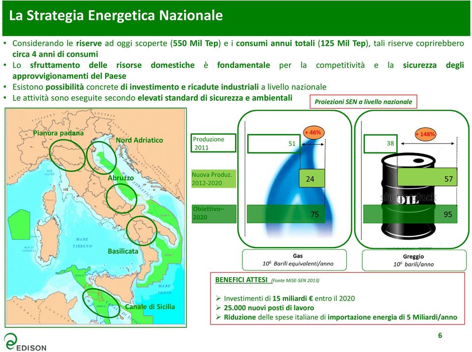 industriali a livello nazionale Le attività sono eseguite secondo elevati standard di sicurezza e ambientali Proiezioni SEN a livello nazionale Pianura padana Nord Adriatico Abruzzo