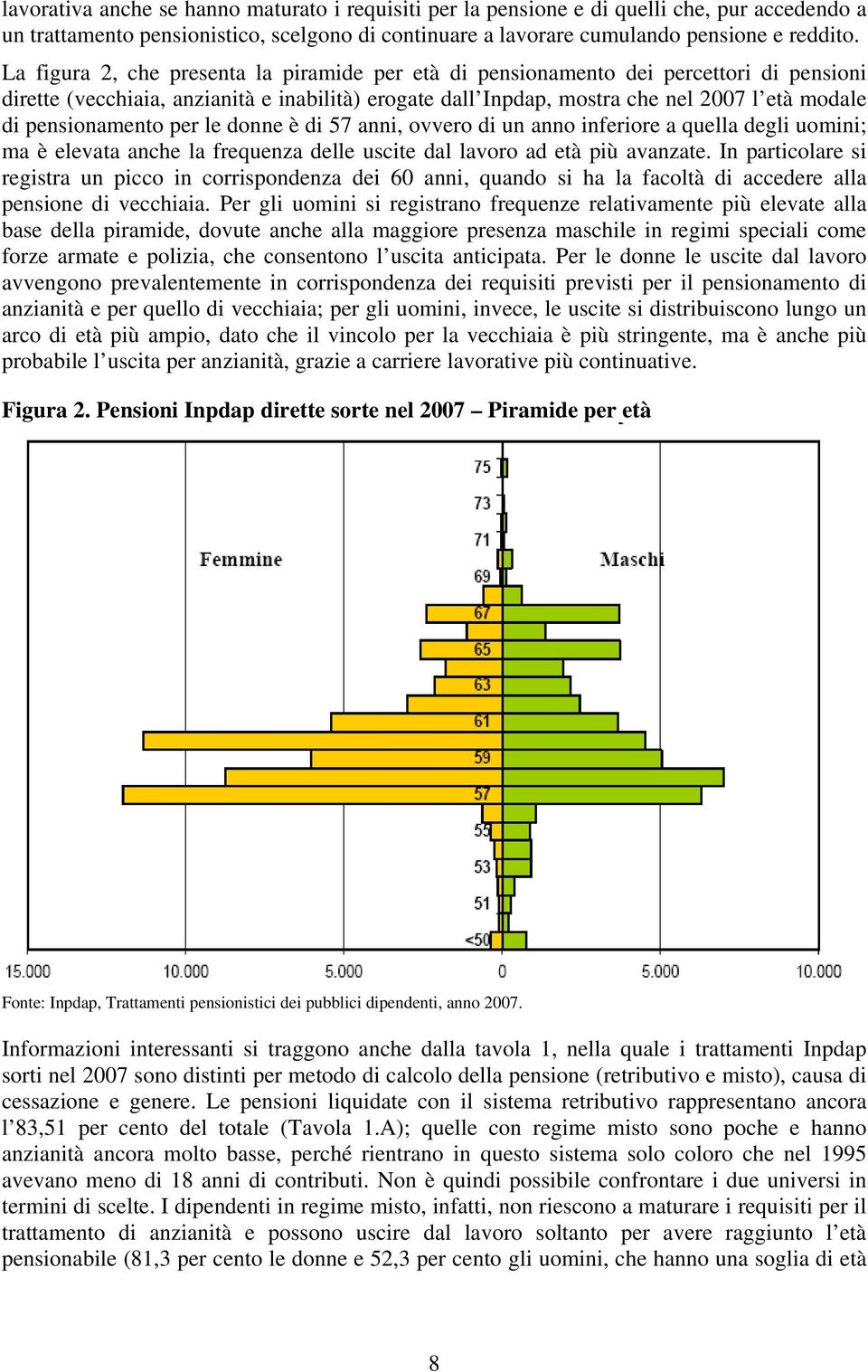 pensionamento per le donne è di 57 anni, ovvero di un anno inferiore a quella degli uomini; ma è elevata anche la frequenza delle uscite dal lavoro ad età più avanzate.