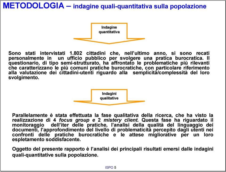 Il questionario, di tipo semi-strutturato, ha affrontato le problematiche più rilevanti che caratterizzano le più comuni pratiche burocratiche, con particolare riferimento alla valutazione dei