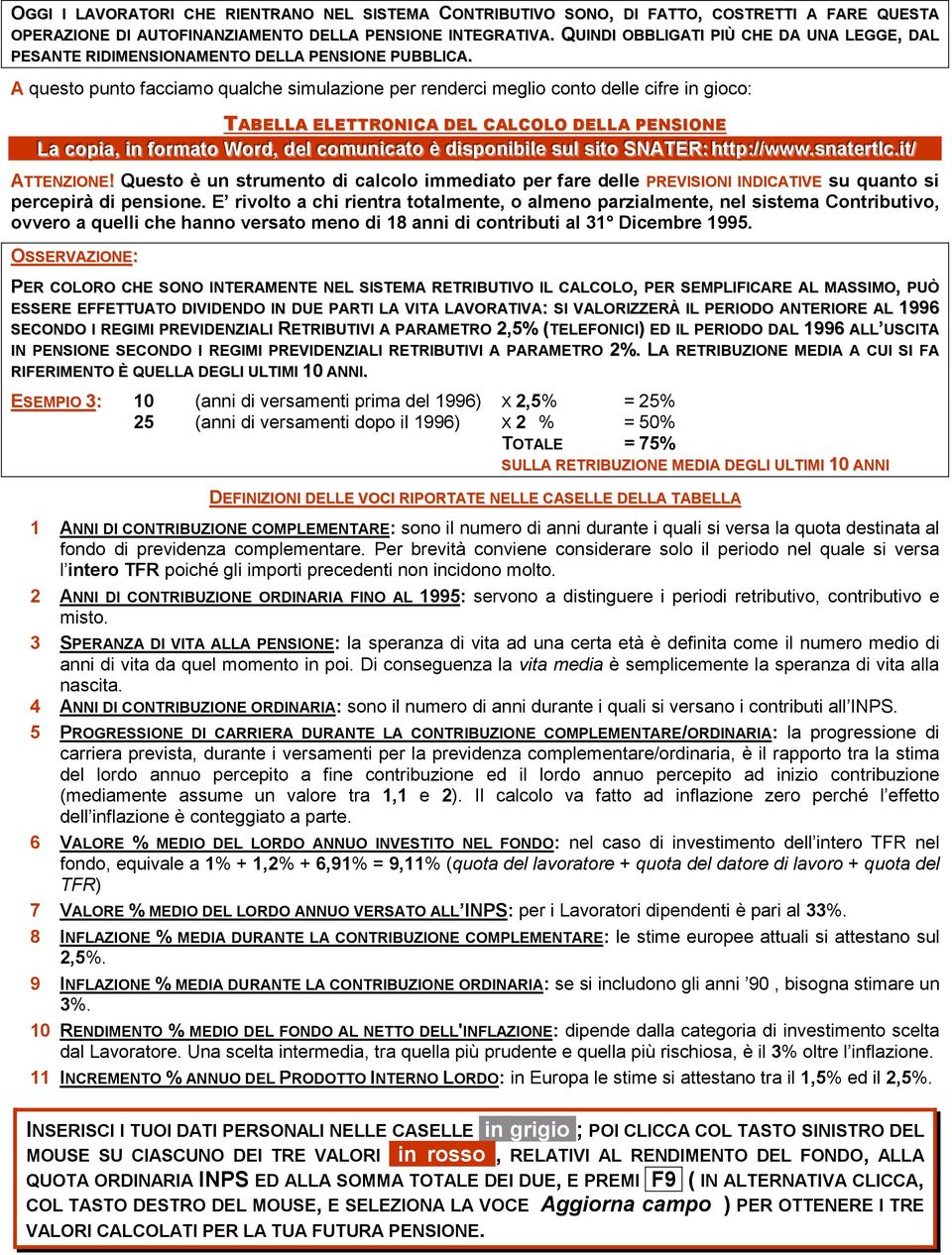 A questo punto facciamo qualche simulazione per renderci meglio conto delle cifre in gioco: TABELLA ELETTRONICA DEL CALCOLO DELLA PENSIONE Laa ccopi iaa,, in i forrmaat f to Worrd,, deel l ccomuni