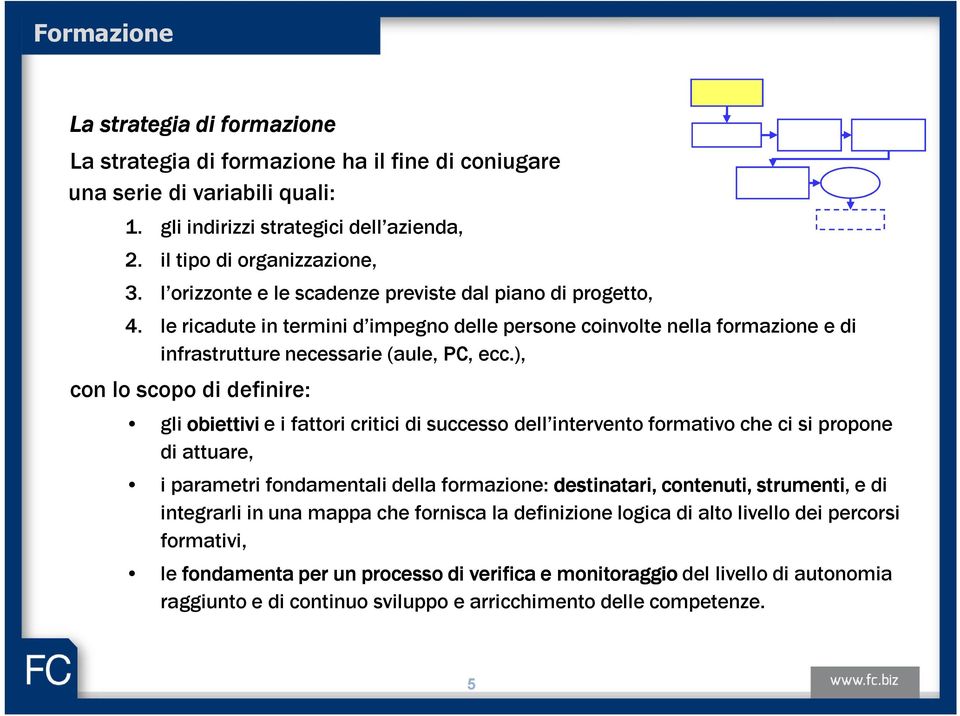 ), con lo scopo di definire: gli obiettivi e i fattori critici di successo dell intervento formativo che ci si propone di attuare, i parametri fondamentali della formazione: destinatari, contenuti,