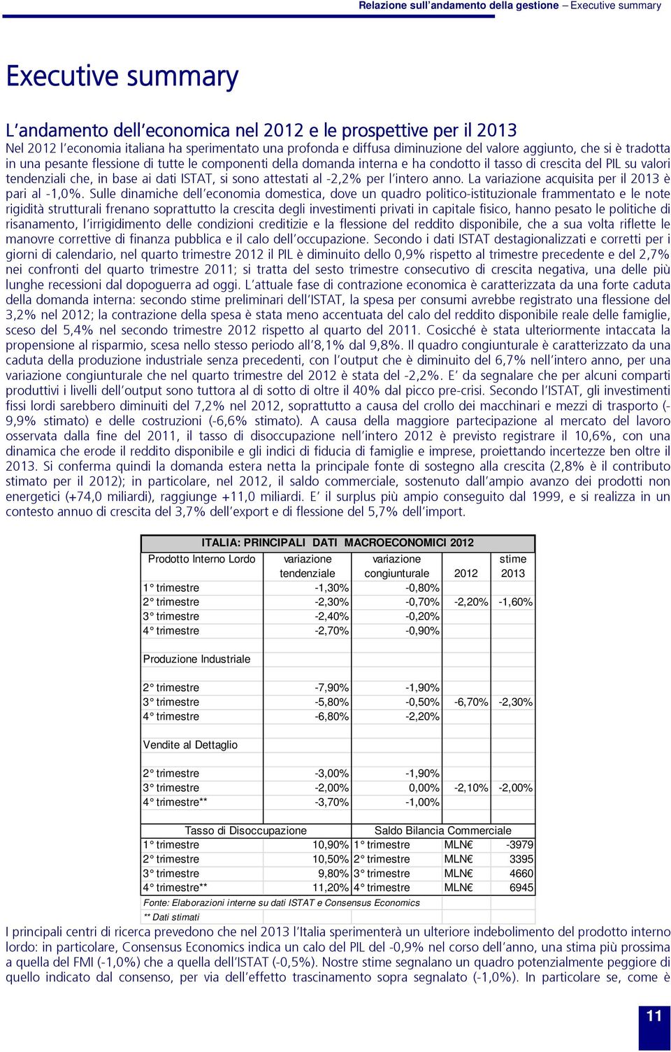 che, in base ai dati ISTAT, si sono attestati al -2,2% per l intero anno. La variazione acquisita per il 2013 è pari al -1,0%.