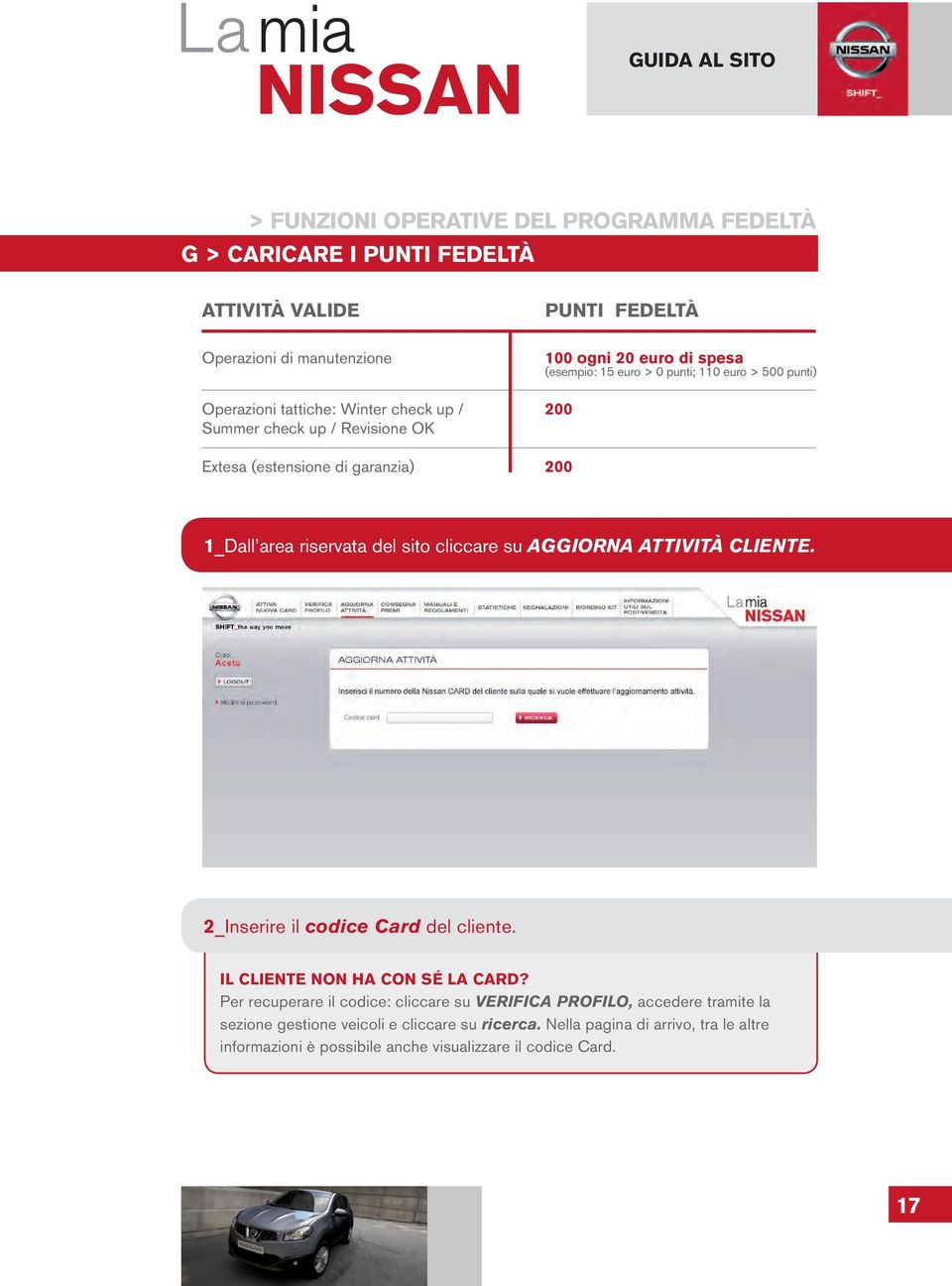 del sito cliccare su AGGIORNA ATTIVITÀ CLIENTE. 2_Inserire il codice Card del cliente. IL CLIENTE NON HA CON SÉ LA CARD?