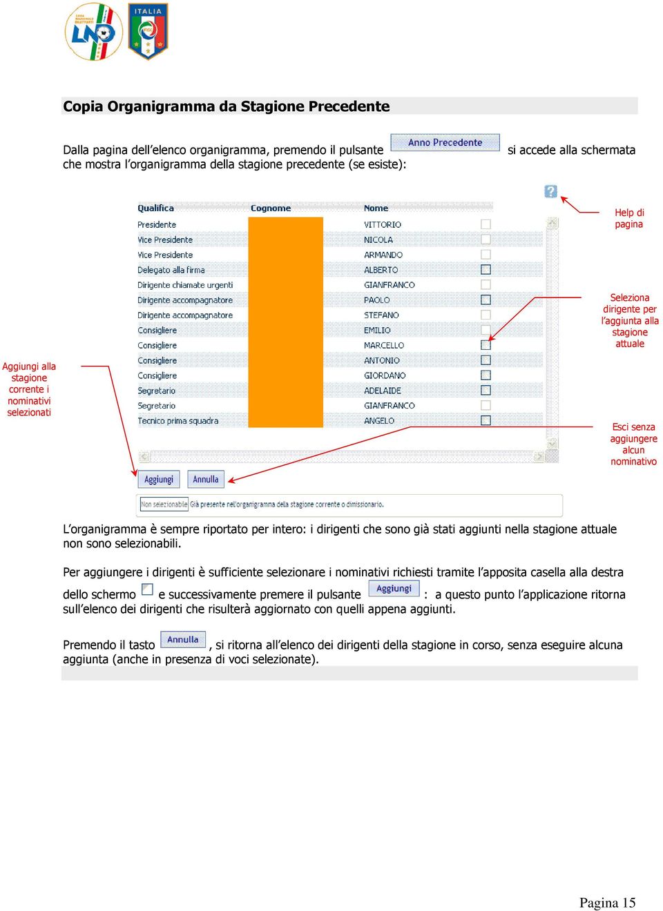 intero: i dirigenti che sono già stati aggiunti nella stagione attuale non sono selezionabili.