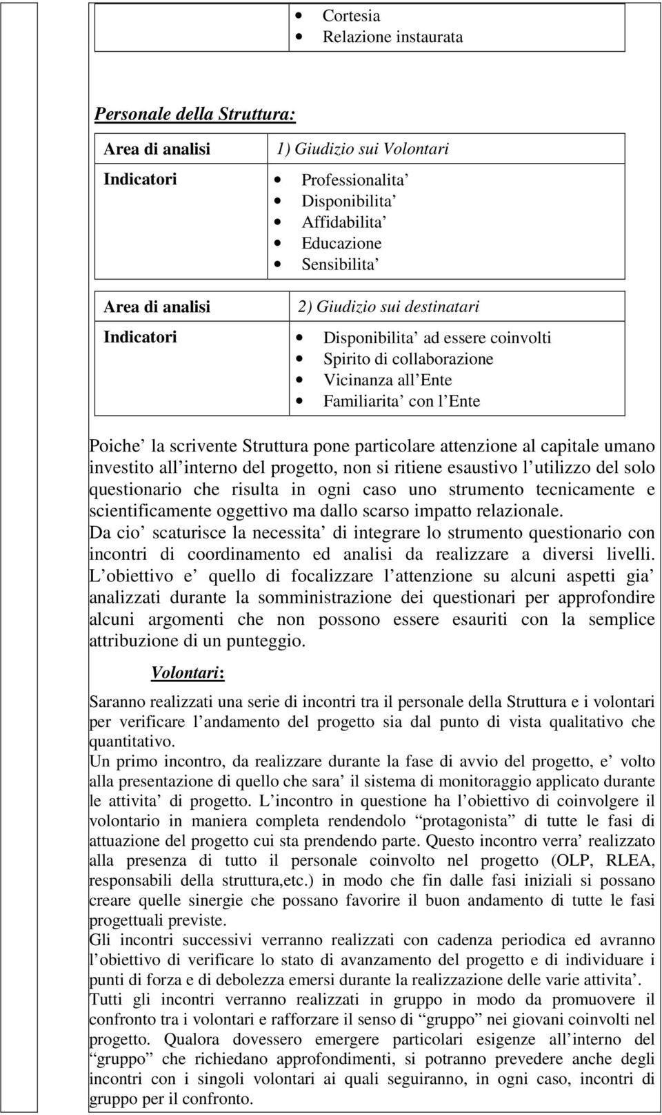 capitale umano investito all interno del progetto, non si ritiene esaustivo l utilizzo del solo questionario che risulta in ogni caso uno strumento tecnicamente e scientificamente oggettivo ma dallo