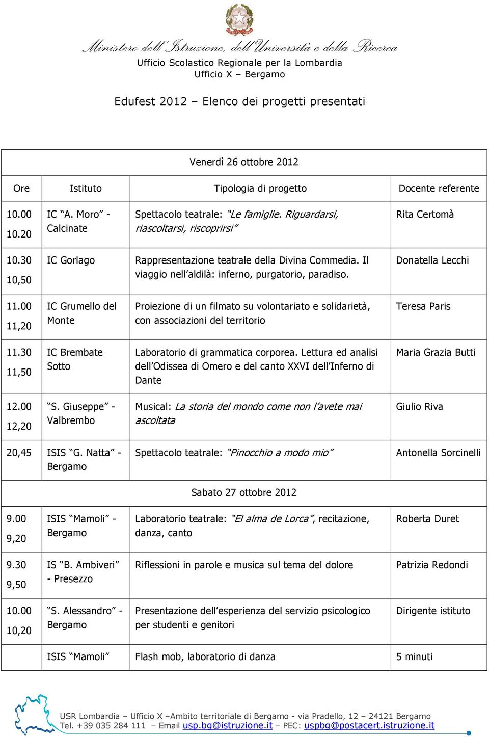 30 10,50 IC Gorlago Rappresentazione teatrale della Divina Commedia. Il viaggio nell aldilà: inferno, purgatorio, paradiso. Donatella Lecchi 11.