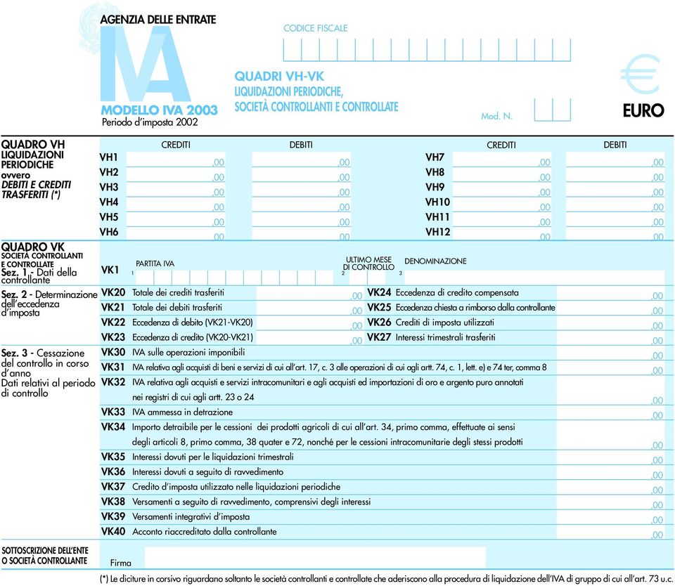 3 - Cessazione VK30 del controllo in corso VK3 d anno Dati relativi al periodo VK3 di controllo VK33 VK3 PARTITA IVA CREDITI DEBITI CREDITI DEBITI VH7 VH8 VH9 VH0 VH VH ULTIMO MESE DI CONTROLLO