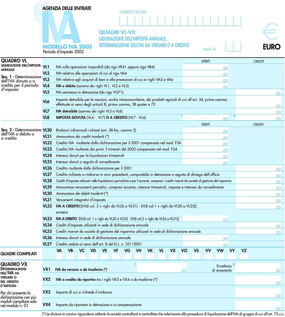 rigo VA IVA relativa agli acquisti di beni e alle prestazioni di cui ai righi VA5 e VA6 IVA a debito (somma dei righi VL, VL e VL3) IVA ammessa in detrazione (da rigo VG7) Importo detraibile per le