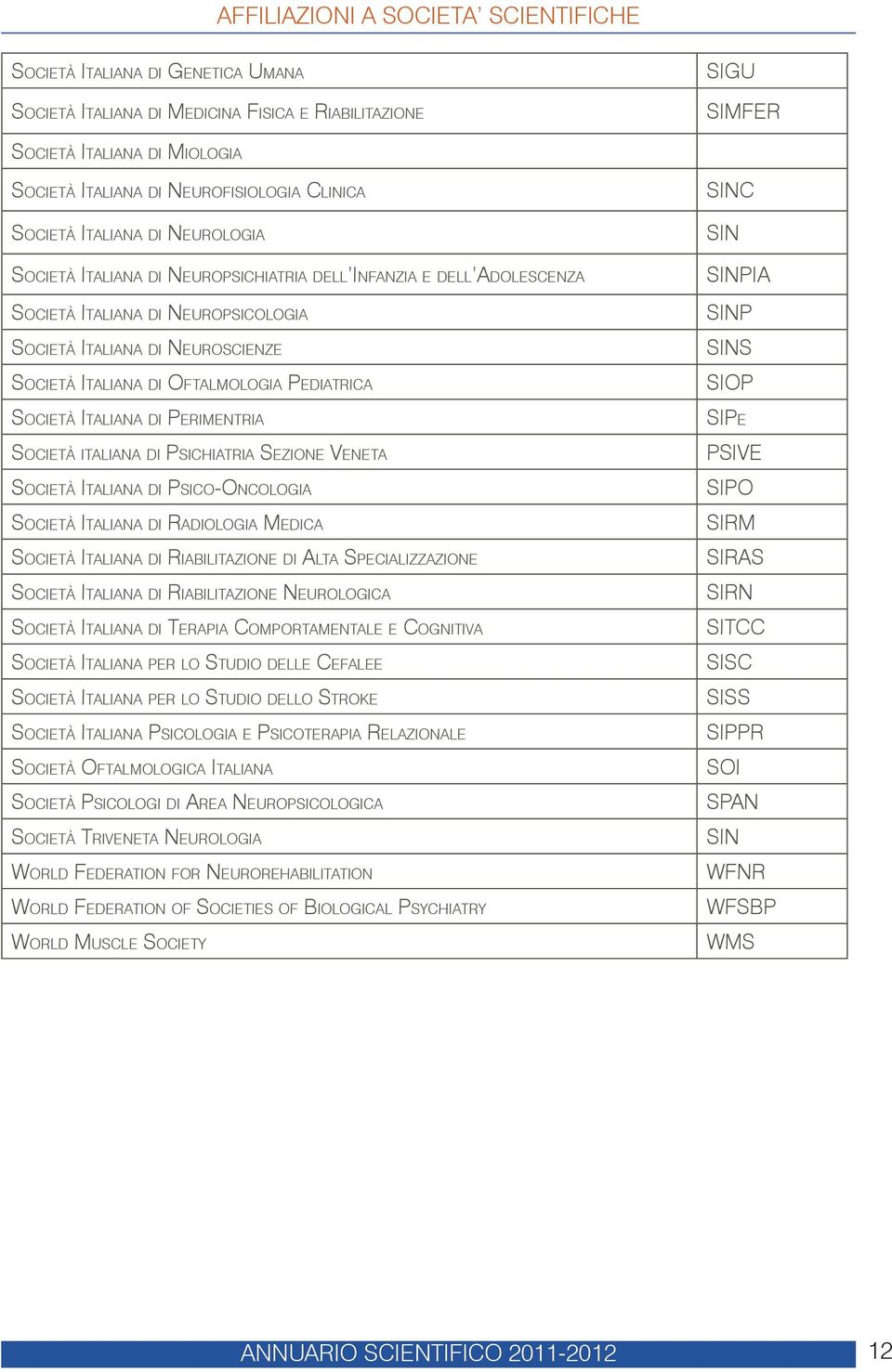 SOCIETÀ ITALIANA DI OFTALMOLOGIA PEDIATRICA SOCIETÀ ITALIANA DI PERIMENTRIA SOCIETÀ ITALIANA DI PSICHIATRIA SEZIONE VENETA SOCIETÀ ITALIANA DI PSICO-ONCOLOGIA SOCIETÀ ITALIANA DI RADIOLOGIA MEDICA