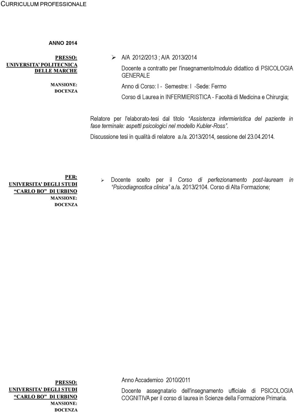 terminale: aspetti psicologici nel modello Kubler-Ross. Discussione tesi in qualità di relatore a./a. 2013/2014,