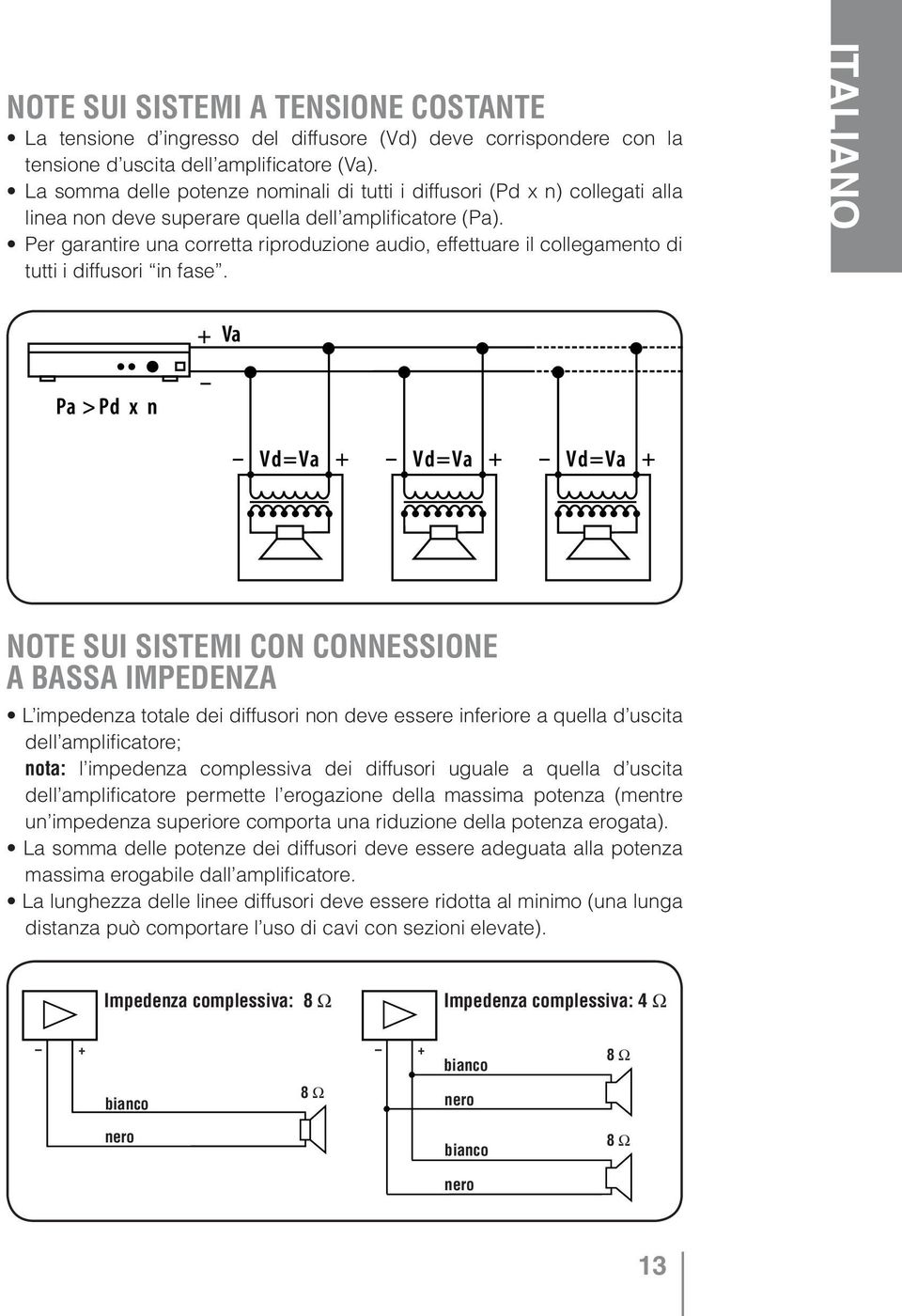 Per garantire una corretta riproduzione audio, effettuare il collegamento di tutti i diffusori in fase.