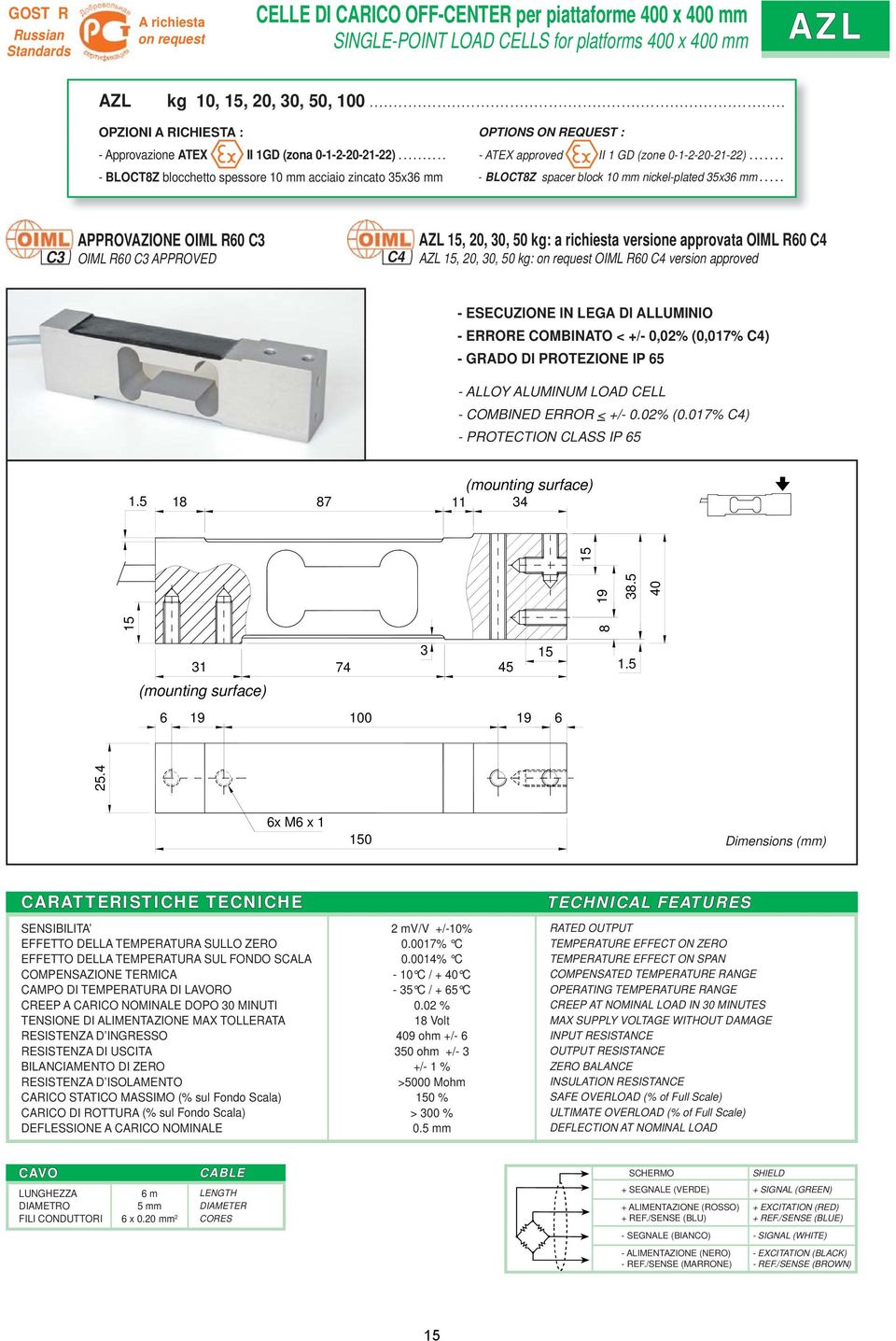 .... 3 APPROVAZIONE OIML R60 3 OIML R60 3 APPROVED 4 AZL, 20, 30, 50 kg: a richiesta versione approvata OIML R60 4 AZL, 20, 30, 50 kg: OIML R60 4 version approved - ESEUZIONE IN LEGA DI ALLUMINIO -