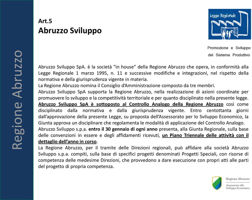 Abruzzo Sviluppo SpA supporta la Regione Abruzzo, nella realizzazione di azioni coordinate per promuovere lo sviluppo e la competitività territoriale e per quanto disciplinato nella presente legge.