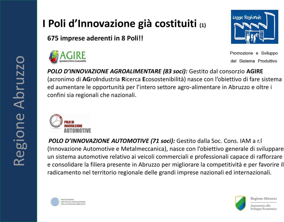 l intero settore agro-alimentare in Abruzzo e oltre i confini sia regionali che nazionali. POLO D INNOVAZIONE AUTOMOTIVE (71 soci): Gestito dalla Soc. Cons. IAM a r.