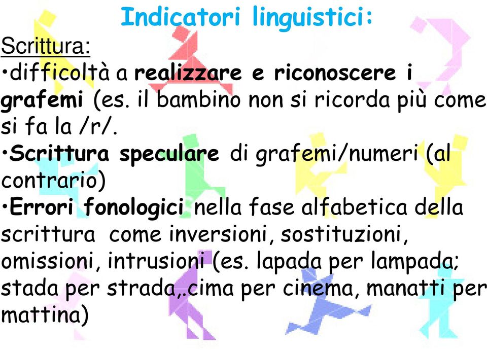 Scrittura speculare di grafemi/numeri (al contrario) Errori fonologici nella fase alfabetica