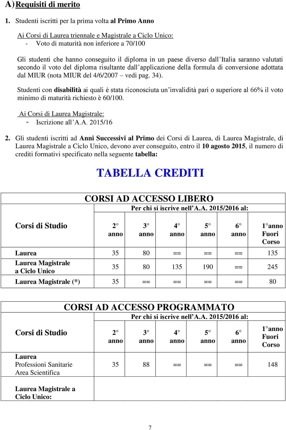 un paese diverso dall Italia saranno valutati secondo il voto del diploma risultante dall applicazione della formula di conversione adottata dal MIUR (nota MIUR del 4/6/2007 vedi pag. 34).