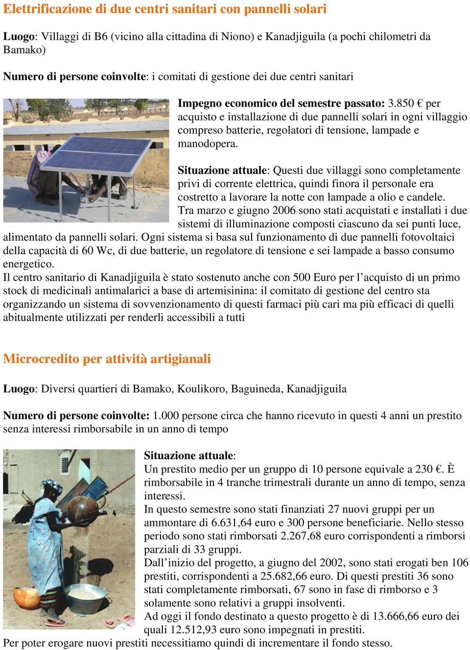 850 per acquisto e installazione di due pannelli solari in ogni villaggio compreso batterie, regolatori di tensione, lampade e manodopera.