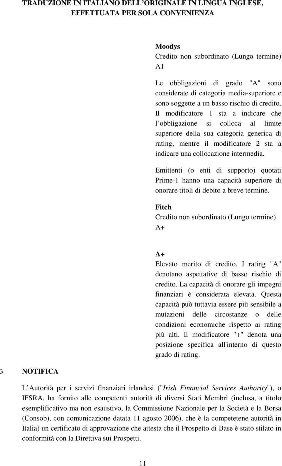 Emittenti (o enti di supporto) quotati Prime-1 hanno una capacità superiore di onorare titoli di debito a breve termine. Fitch Credito non subordinato (Lungo termine) A+ 3.