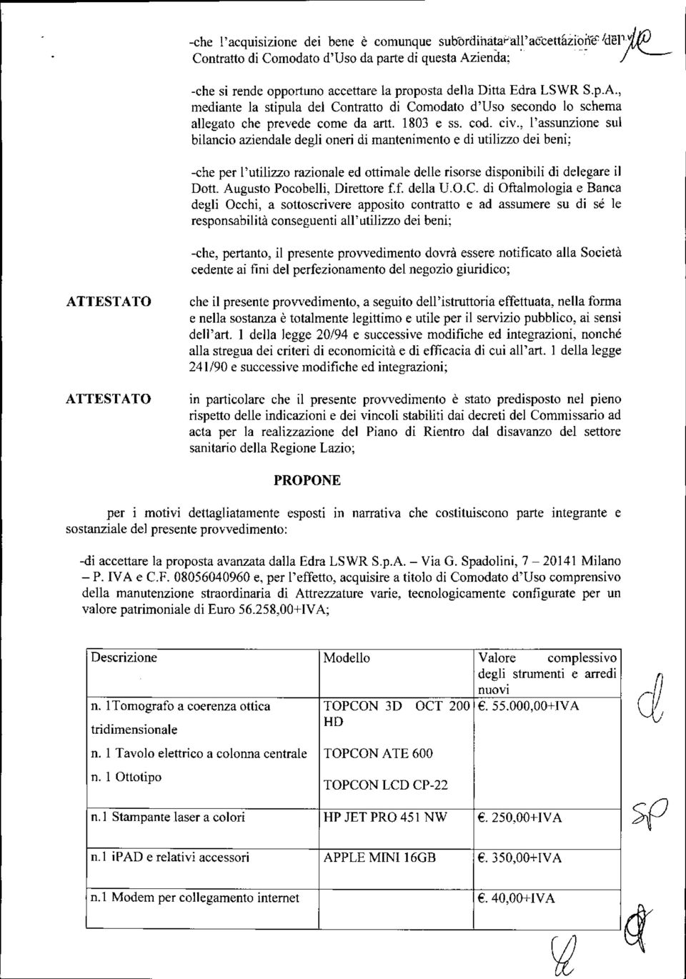 1803 e 55. cod. civ., l'assunzione sul bilancio aziendale degli oneri di mantenimento e di utilizzo dei beni; -che per l'utilizzo razionale ed atti male delle risorse disponibili di delegare il Dott.