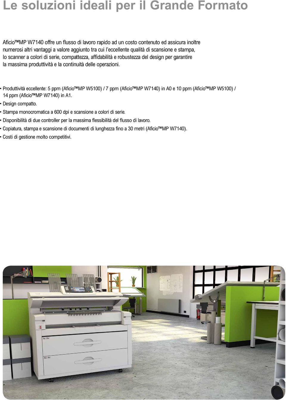 Produttività eccellente: 5 ppm (Aficio MP W5100) / 7 ppm (Aficio MP W7140) in A0 e 10 ppm (Aficio MP W5100) / 14 ppm (Aficio MP W7140) in A1. Design compatto.