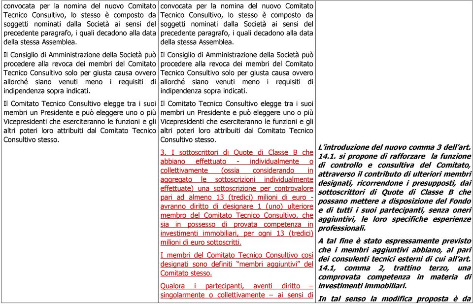 Il Consiglio di Amministrazione della Società può procedere alla revoca dei membri del Comitato Tecnico Consultivo solo per giusta causa ovvero allorché siano venuti meno i requisiti di indipendenza