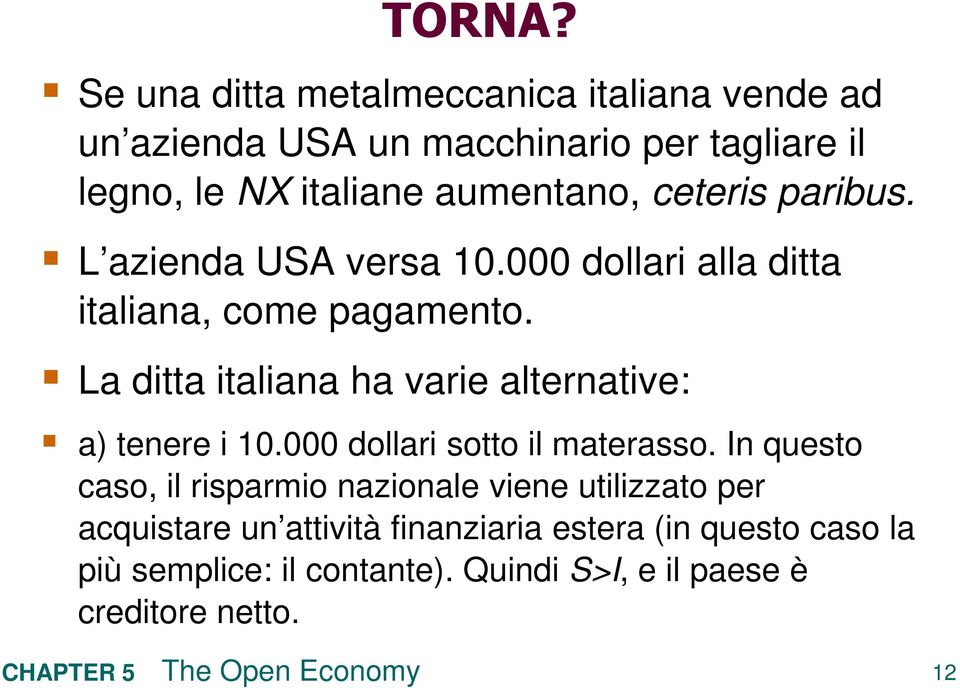 ceteris paribus. L azienda USA versa 10.000 dollari alla ditta italiana, come pagamento.