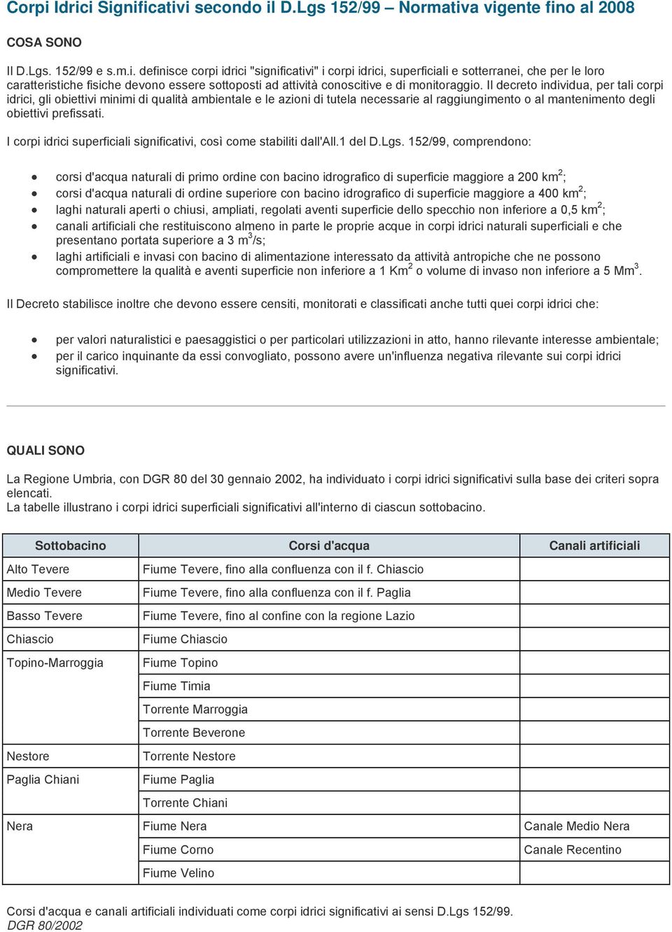 I corpi idrici superficiali significativi, così come stabiliti dall'all.1 del D.Lgs.