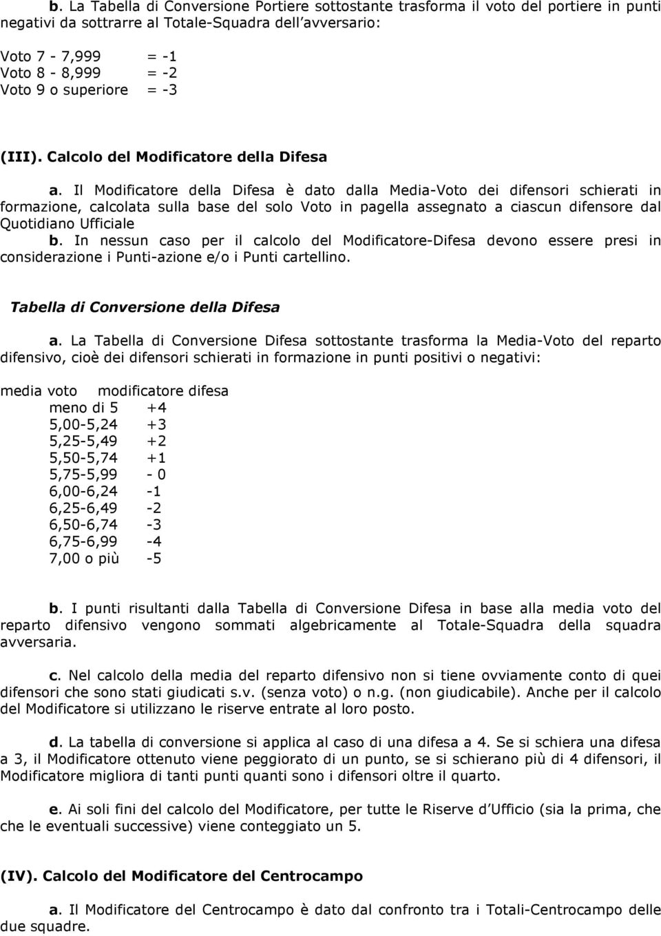 Il Modificatore della Difesa è dato dalla Media-Voto dei difensori schierati in formazione, calcolata sulla base del solo Voto in pagella assegnato a ciascun difensore dal Quotidiano Ufficiale b.