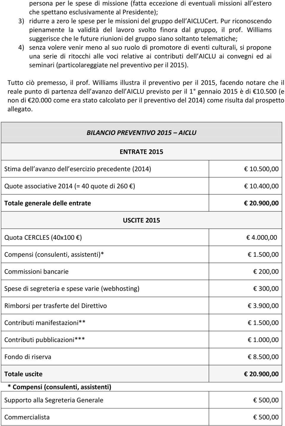 Williams suggerisce che le future riunioni del gruppo siano soltanto telematiche; 4) senza volere venir meno al suo ruolo di promotore di eventi culturali, si propone una serie di ritocchi alle voci