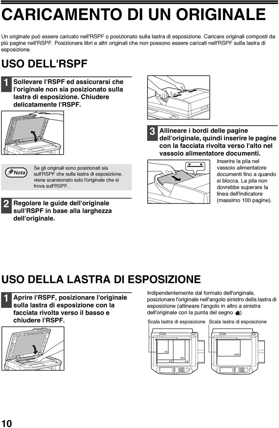 USO DELL'RSPF Sollevare l'rspf ed assicurarsi che l'originale non sia posizionato sulla lastra di esposizione. Chiudere delicatamente l'rspf.