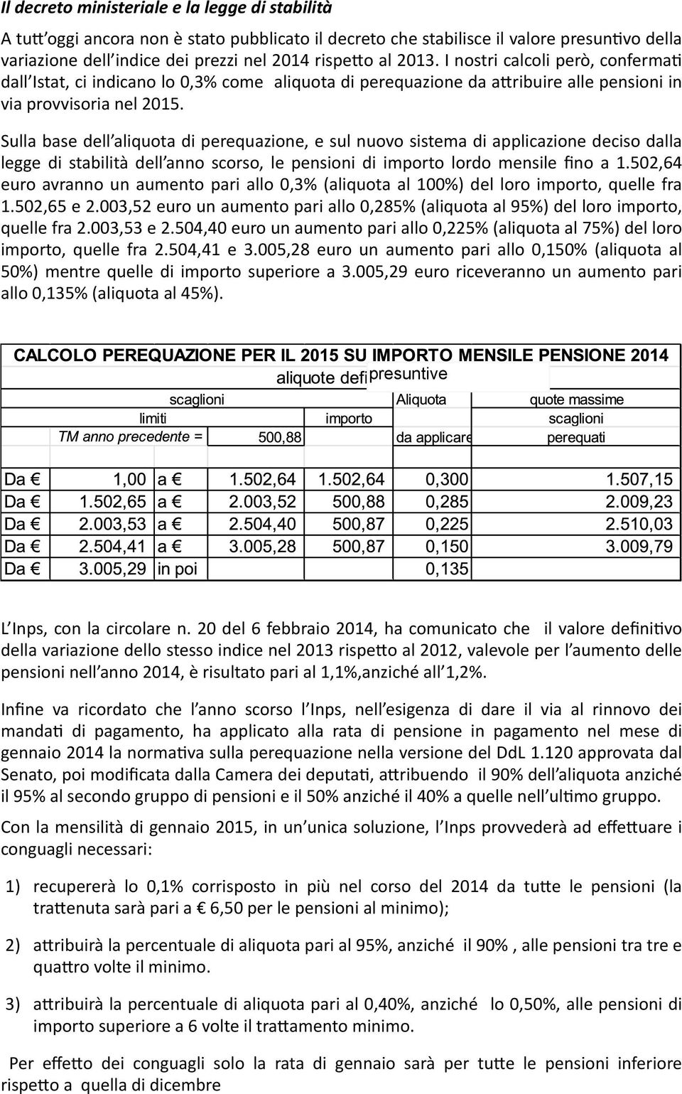 Sulla base dell aliquota di perequazione, e sul nuovo sistema di applicazione deciso dalla legge di stabilità dell anno scorso, le pensioni di importo lordo mensile fino a 1.