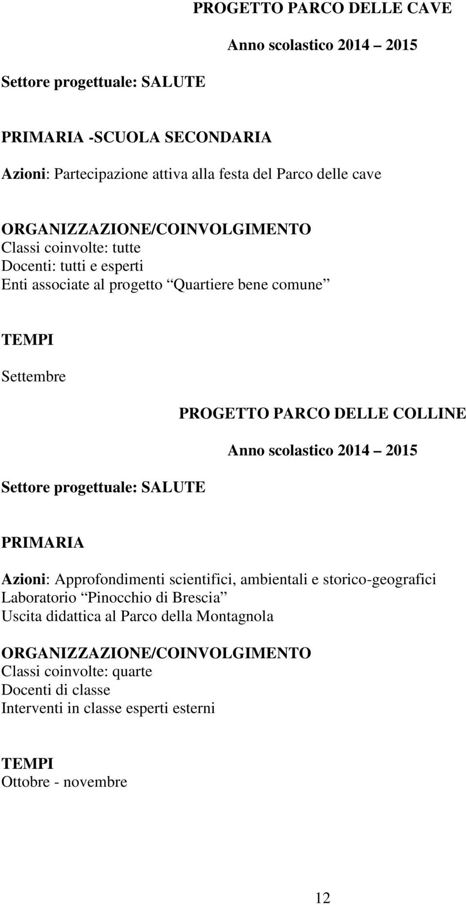 COLLINE Settore progettuale: SALUTE PRIMARIA Azioni: Approfondimenti scientifici, ambientali e storico-geografici Laboratorio Pinocchio di