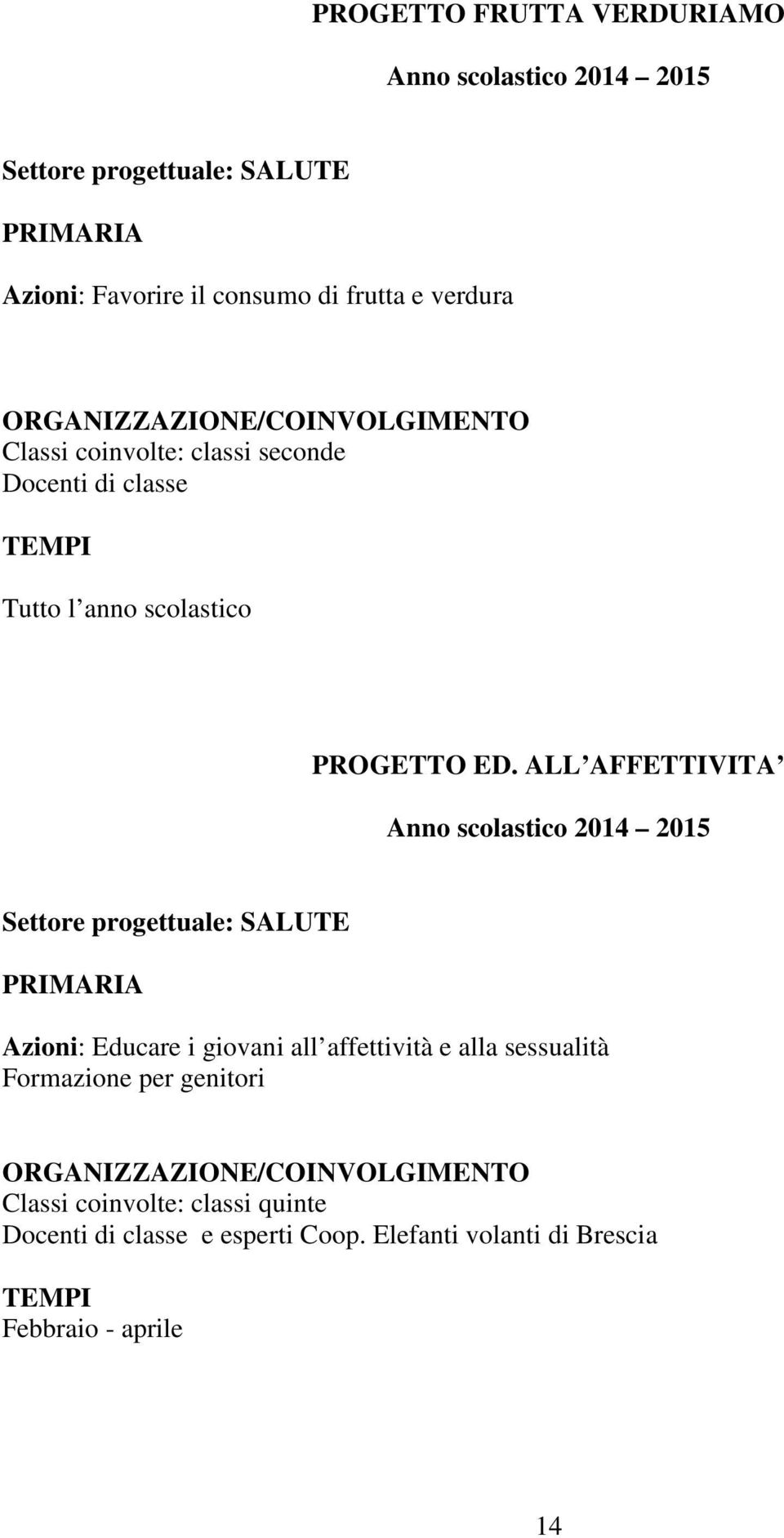 ALL AFFETTIVITA Settore progettuale: SALUTE PRIMARIA Azioni: Educare i giovani all affettività e alla sessualità